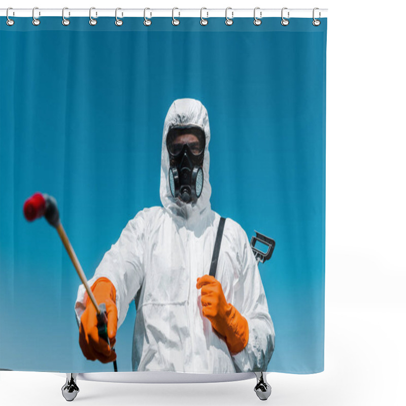 Personality  Selective Focus Of Exterminator In Uniform And Latex Gloves Holding Spray Outside  Shower Curtains