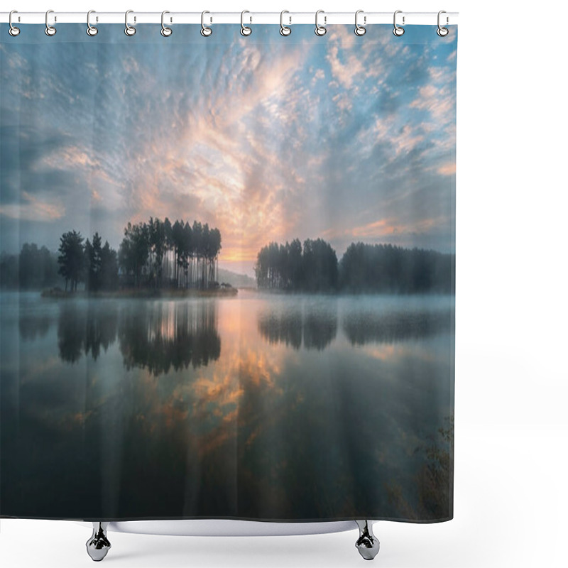 Personality  Sunrise Over The Lagoon. Misty Summer Morning. Pine Trees On The Other Shore. Krasnobrod, Roztocze, Poland Shower Curtains