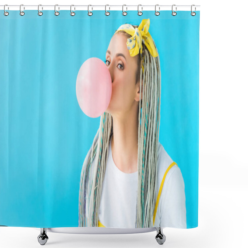 Personality  Girl With Dreadlocks And Headband Blowing Bubblegum Isolated On Turquoise Shower Curtains