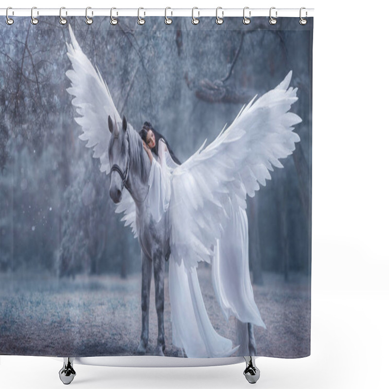 Personality  Beautiful, Young Elf, Walking With A Unicorn. She Is Wearing An Incredible Light, White Dress. The Girl Lies On The Horse. Sleeping Beauty. Artistic Photography Shower Curtains