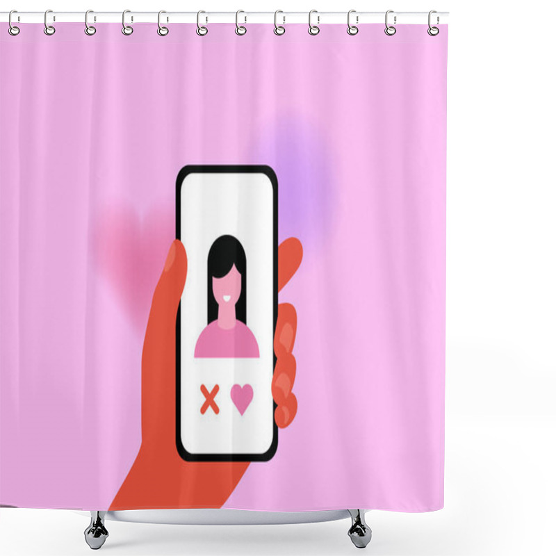 Personality  Hand Holding Phone. Online Dating App. Match. Like And Dislike. Vector Shower Curtains