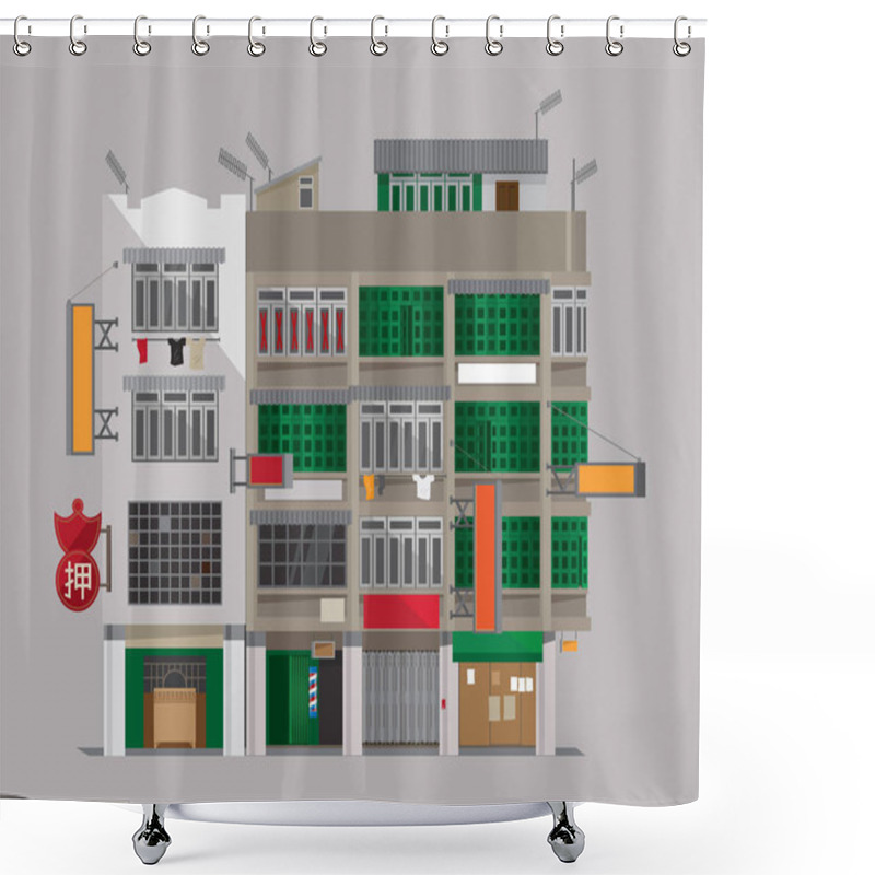 Personality  Vector Illustration Of An Old Building Of Hong Kong-styled Tenement Houses (Shophouses). Shower Curtains