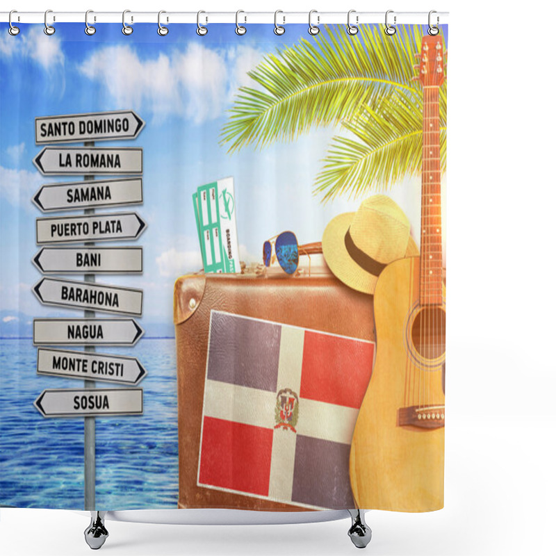 Personality  Concept Of Summer Traveling With Old Suitcase And Dominican Republic Town Sign With Burning Sun Shower Curtains