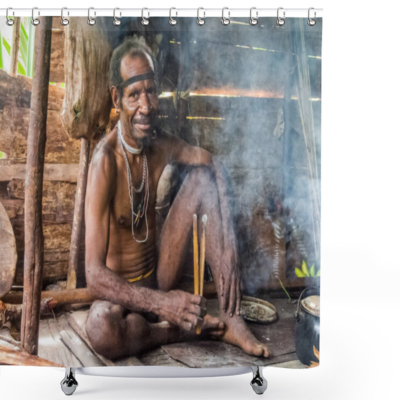 Personality  Papua, Indonesia - January 15, 2015: Man Of The Nomadic Forest Tribe Korowai In His Home. Shower Curtains