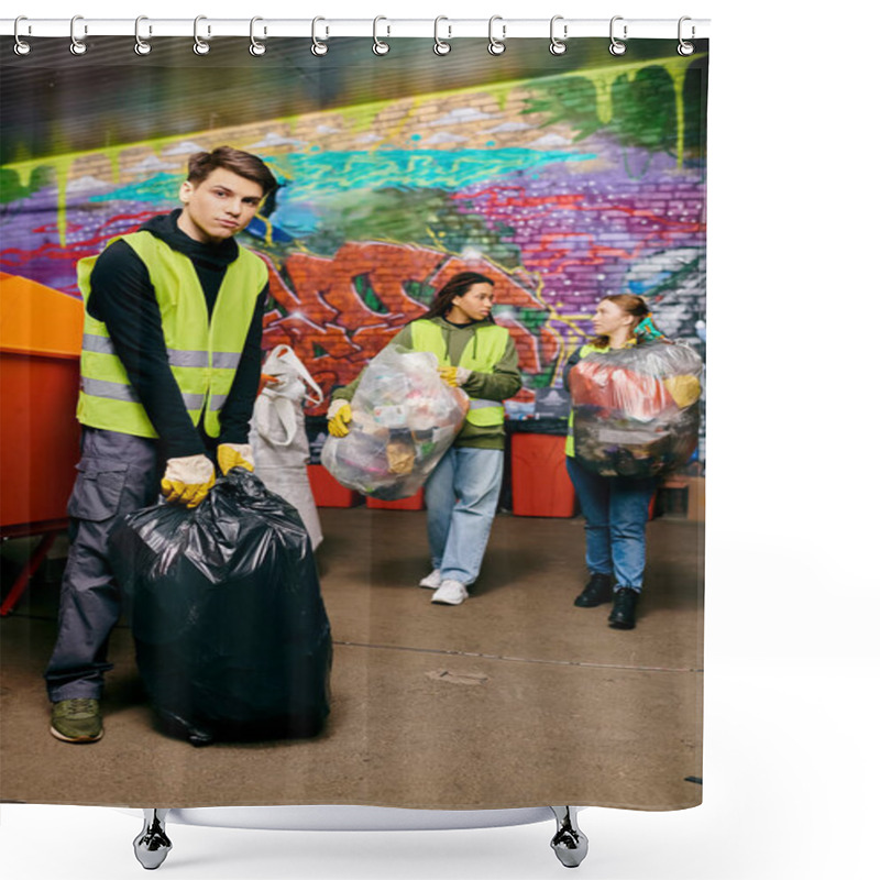 Personality  Young Volunteers In Gloves And Safety Vests Sorting Trash In Front Of A Wall, Taking Action For A Cleaner Environment. Shower Curtains