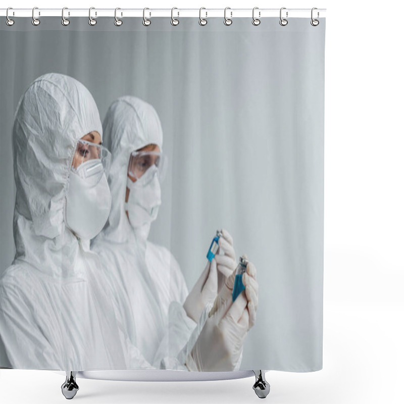 Personality  Scientist In Hazmat Suit And Goggles Holding Vaccine Near Colleague  Shower Curtains