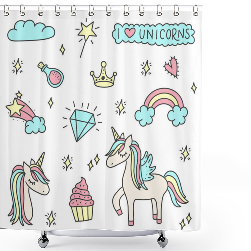 Personality  Unicorn And Magic Doodles. Cute Unicorn And Pony Collection With Magic Items. Hand Drawn Line Style. Vector Doodles Illustrations.  Shower Curtains