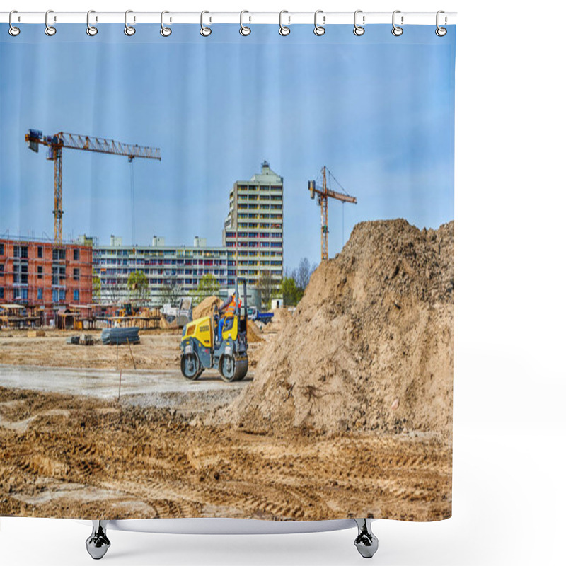 Personality  Berlin, Germany - April 13, 2022: View To A Construction Site Where New Residential Buildings Are Being Built. Shower Curtains