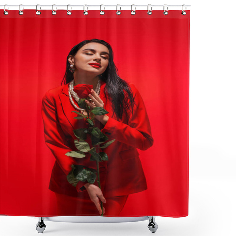 Personality  Fashionable Woman In Jacket Holding Rose While Posing On Red Background  Shower Curtains