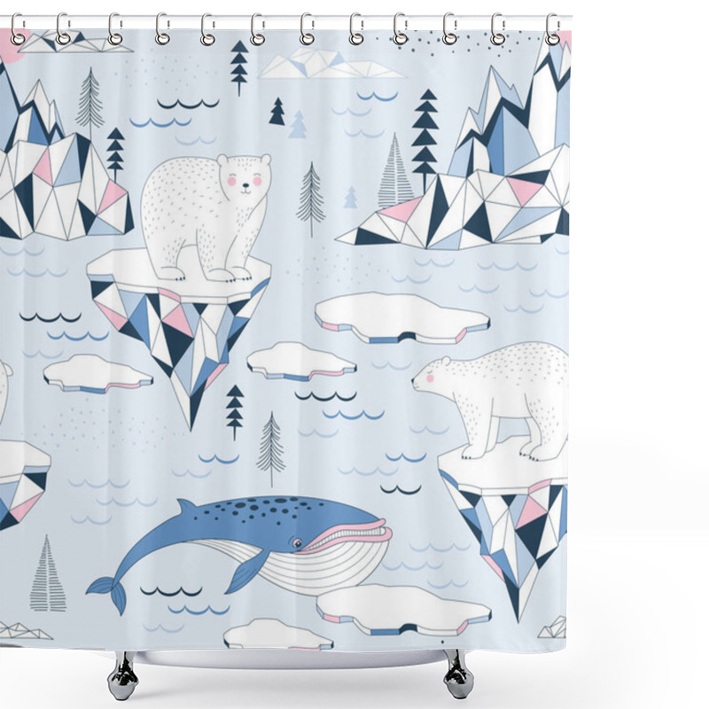 Personality  Seamless Vector Pattern With Polar Bear Blue Whale Ocean Mountains Iceberg Blocks Of Ice North Landscape Elements. Arctic Shower Curtains