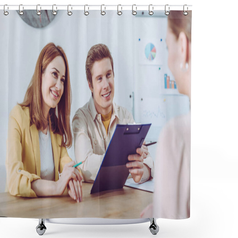 Personality  Handsome Recruiter Holding Clipboard Near Cheerful Colleague During Job Interview  Shower Curtains