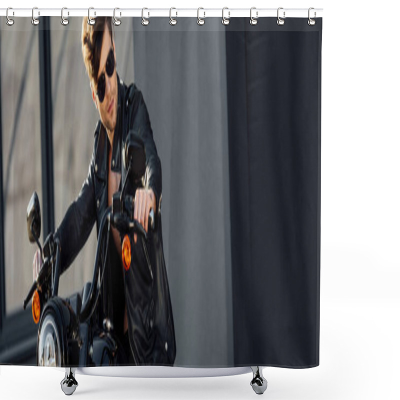 Personality  Panoramic Shot Of Motorcyclist In Leather Jacket Sitting On Motorcycle And Looking Away Shower Curtains