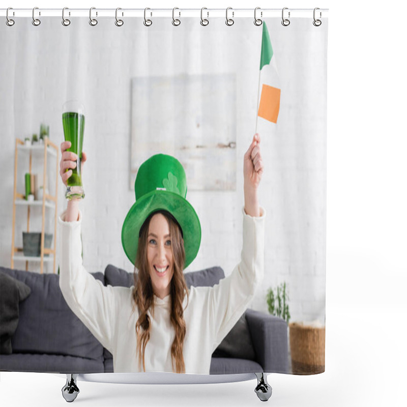 Personality  Cheerful Young Woman In Green Hat Holding Irish Flag And Beer At Home  Shower Curtains