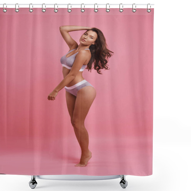 Personality  Full Length Of Gorgeous Young Woman In Underwear Posing In Studio At Pink Background  Shower Curtains