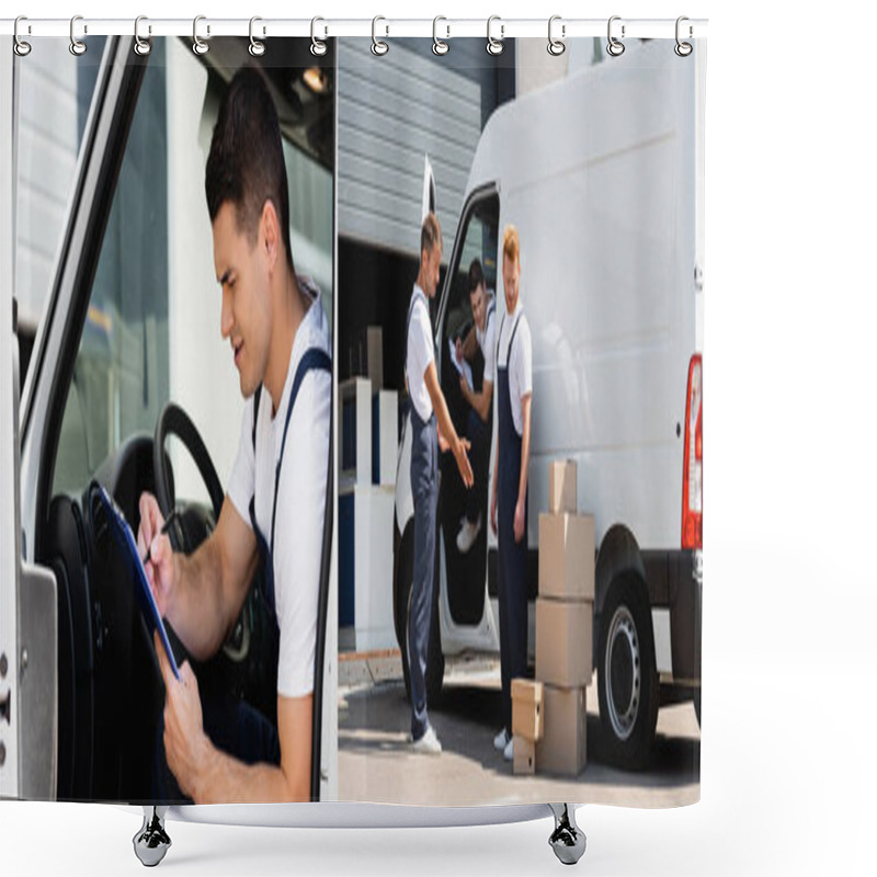 Personality  Collage Of Loader Holding Clipboard And Pen And Movers Standing Near Cardboard Boxes And Truck On Urban Street  Shower Curtains