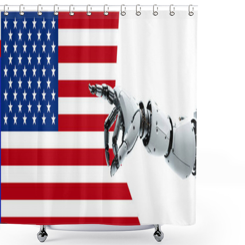 Personality  Flag Of The United States Of America And Robot Arm With Hand Pointing, AI Technology, White Humanoid Android, Artificial Intelligence, Autonomous Robot Design Shower Curtains