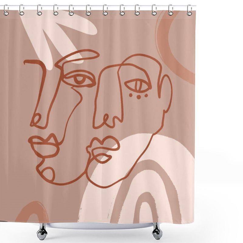 Personality  Modern Boho Pastel Terracotta Collage Line Drawing African Black Women Couple Twin Faces Hairstyle Fashion Beauty Minimalist Vector Illustration Modern Abstract Graphics Print Clipart Shower Curtains