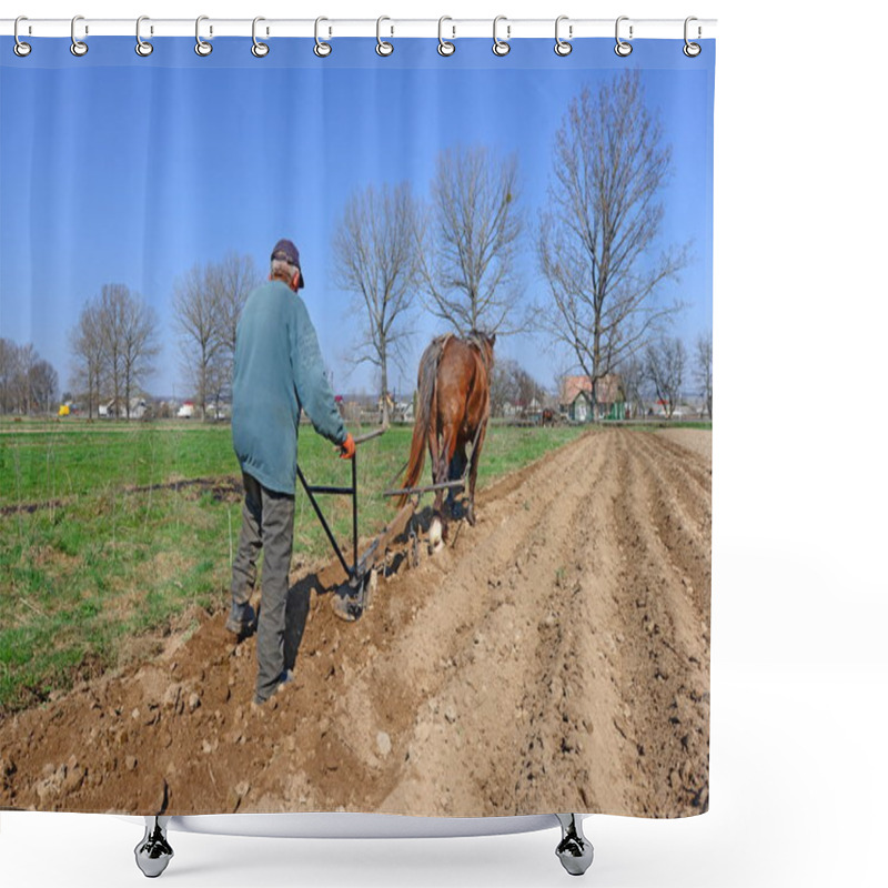 Personality  Fallowing Of A Spring Field By A Manual Plow On Horse-drawn Shower Curtains