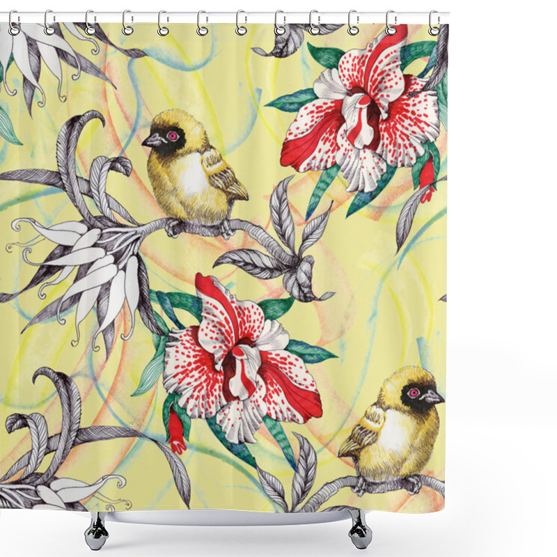 Personality  Seamless Pattern With Birds On Flowers Shower Curtains