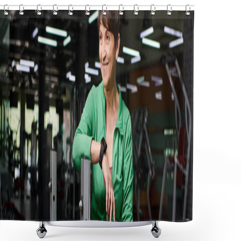 Personality  Happy Elderly Woman Smiling In Gym, Motivation And Sport, Active Senior Sportswoman, Banner Shower Curtains