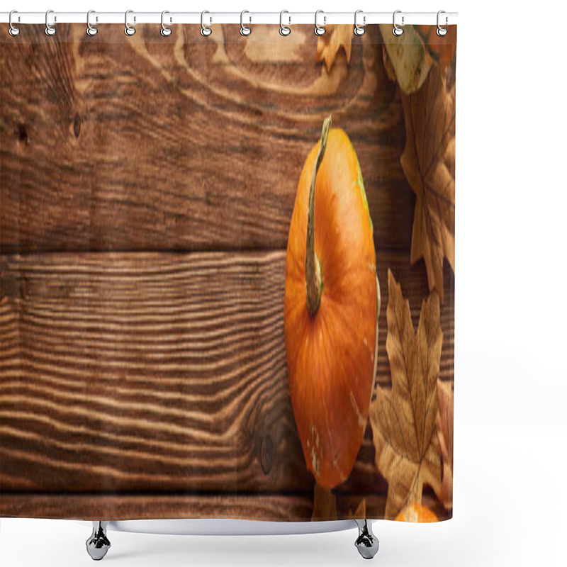 Personality  Panoramic Shot Of Pumpkin On Wooden Surface With Dried Autumn Leaves And Copy Space Shower Curtains