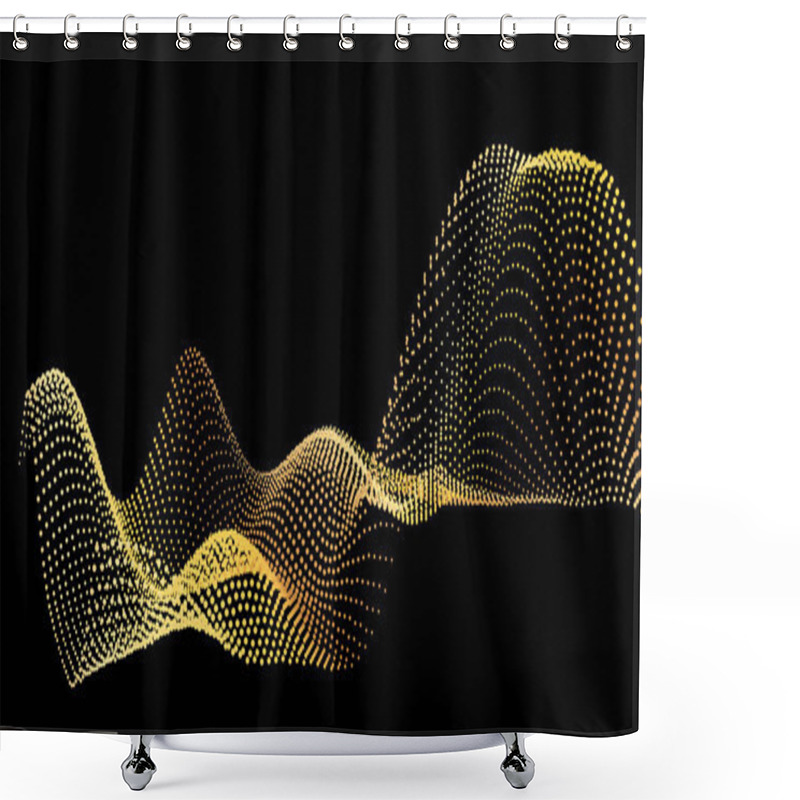 Personality  Sound Wave From Node. Gold Interface Big Data Flow. Copy Space Cover Template. Vector Swirl Isolated Flow. Golden Wobble And Spinning Along The Axis. Gradation Of Data From Nodes On A Black Background Shower Curtains