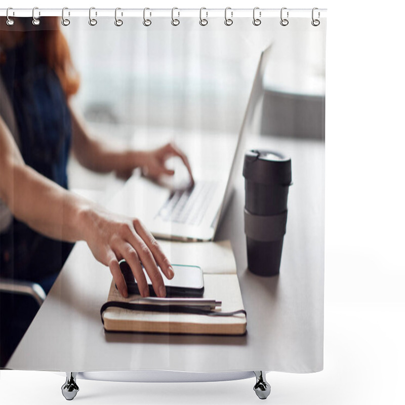 Personality  Casually Dressed Young Businesswoman Working On Laptop In Modern Office Picking Up Mobile Phone Shower Curtains