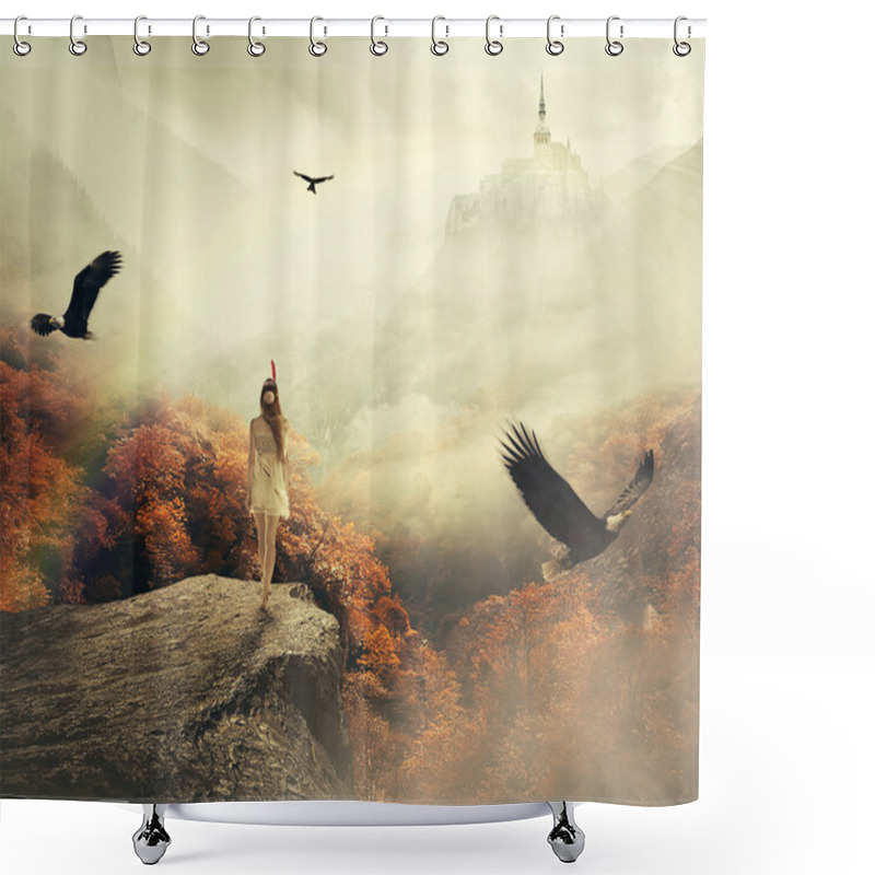 Personality  Young Woman Walking In Her Dreams Enjoying Beautiful Autumn Mountain Landscape Shower Curtains