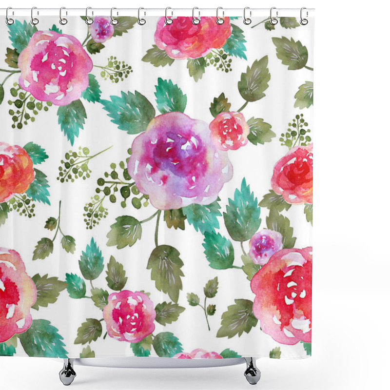 Personality  Vintage Floral Seamless Pattern With Rose Flowers And Leaf. Print For Textile Wallpaper Endless. Hand-drawn Watercolor Elements. Beauty Bouquets. Pink, Red. Green On White Background. Shower Curtains