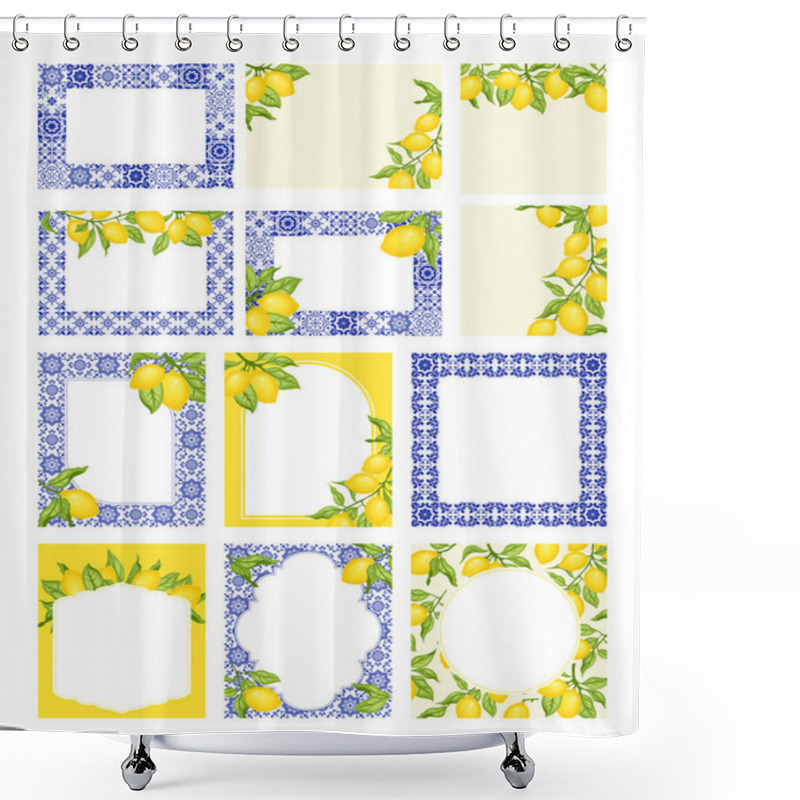 Personality  Collection Of Frames With Blue And White Tiles And Lemon Branches With Green Leaves. Traditional Mediterranean Style, Floral Frames, Invitation, Party, Wedding Road Signs. Vector Illustration. Shower Curtains