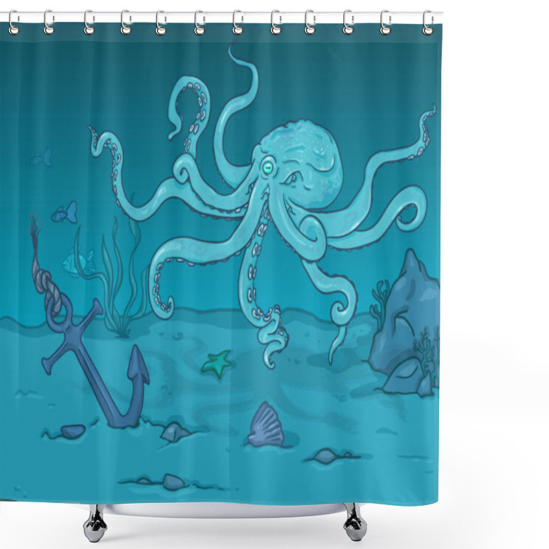 Personality  Vector Cartoon Illustration - Turquoise Octopus In The Deep Blue Ocean Shower Curtains