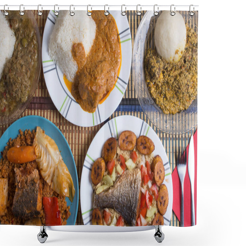 Personality  Traditional African Dishes Assortment On A Restaurant Table, Top Wiev. Shower Curtains