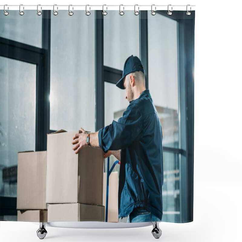 Personality  Courier Stacking Cardboard Boxes On Handcart Shower Curtains