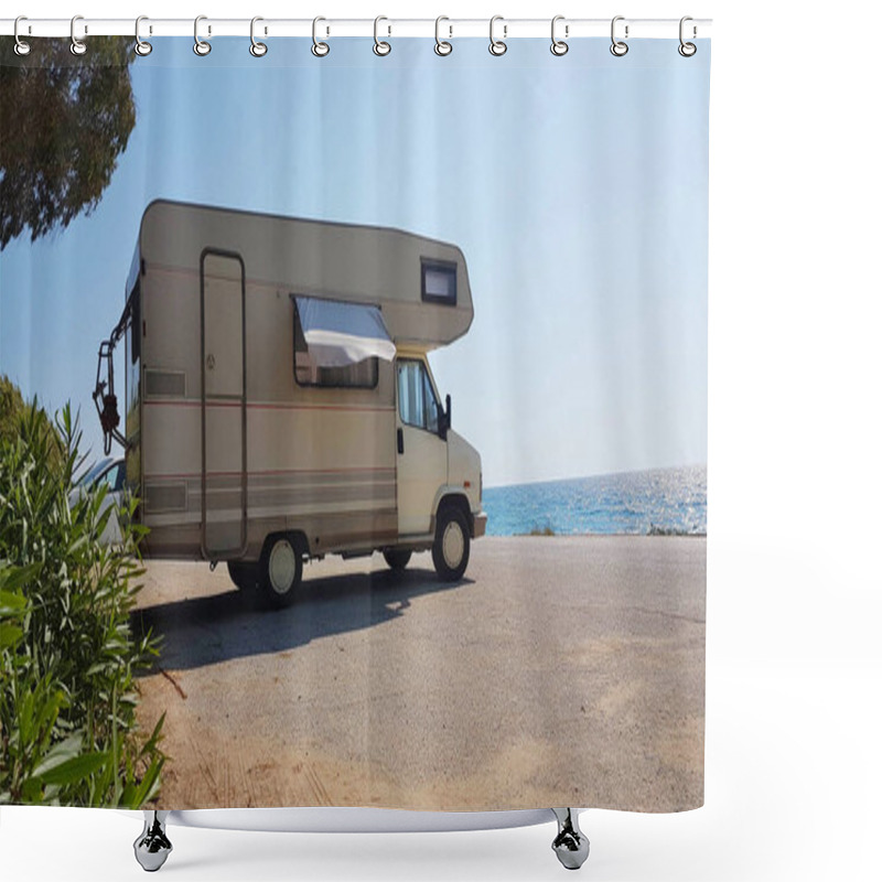 Personality  Caravan Trailer Car By The Sea In Summer Holidays Sunny Hot Day Shower Curtains