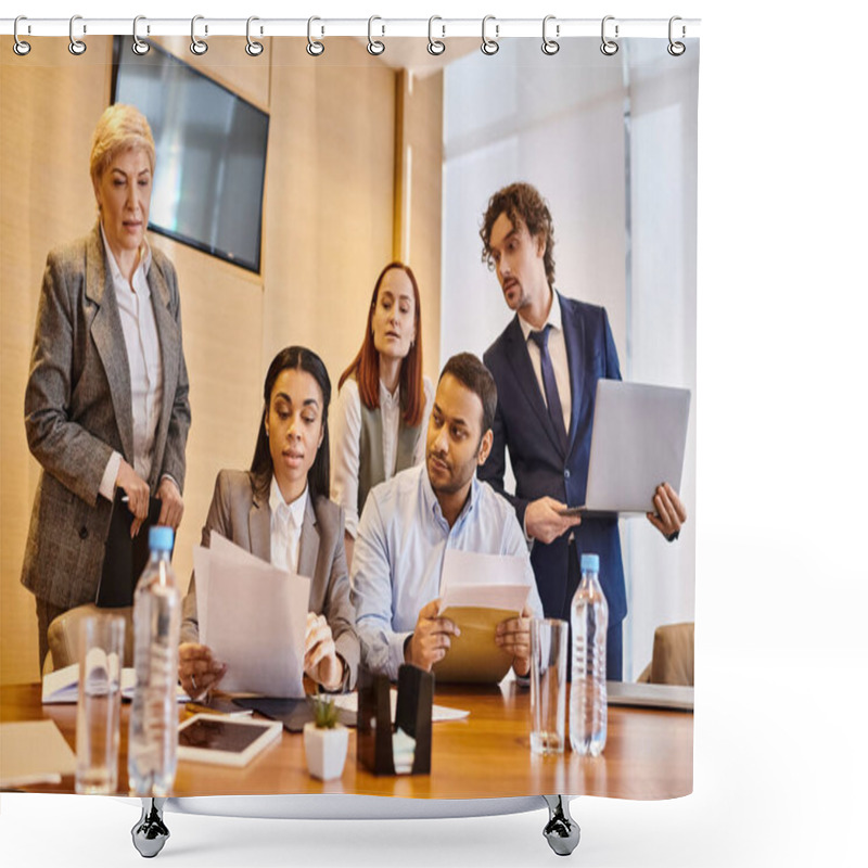 Personality  Diverse Businesspeople Of Different Races Standing Around A Conference Table, Discussing Ideas. Shower Curtains