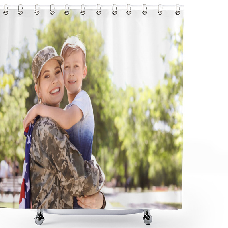 Personality  American Soldier With Her Son Outdoors. Military Service Shower Curtains