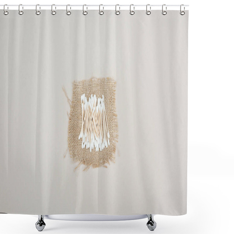 Personality  Top View Of Cotton Swabs On Brown Sackcloth On Grey Background Shower Curtains