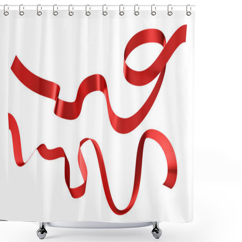 Personality  Red Curved Ribbons Isolated On White Background. Design Elements For Greeting Card, Invitation, Advertising. Realistic Ribbon. Merry Christmas, Birthday, Valentines Day Celebration. 3D Render Shower Curtains