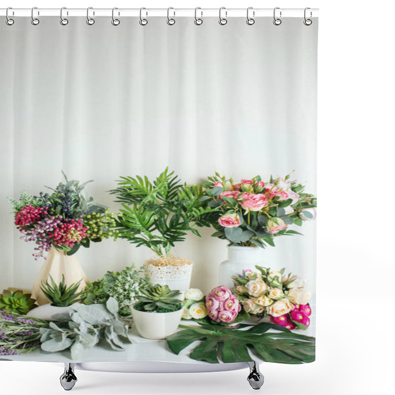 Personality  Various Artificial Flowers, Bouquets In Vases, Succulents Shower Curtains