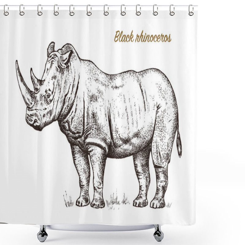 Personality  African Rhinoceros Wild Animal On White Background. Engraved Hand Drawn Line Art Vintage Old Monochrome Sketch, Ink. Vector Illustration For Label. Safari Symbol. Shower Curtains