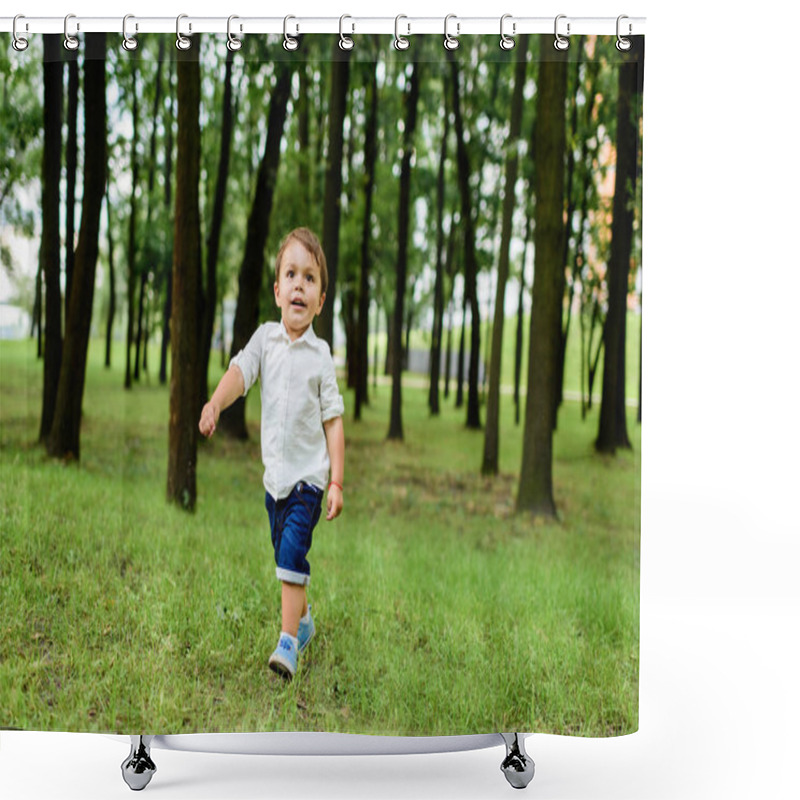 Personality  Smiling Little Kid In White Shirt And Denim Shorts Running By Park Shower Curtains