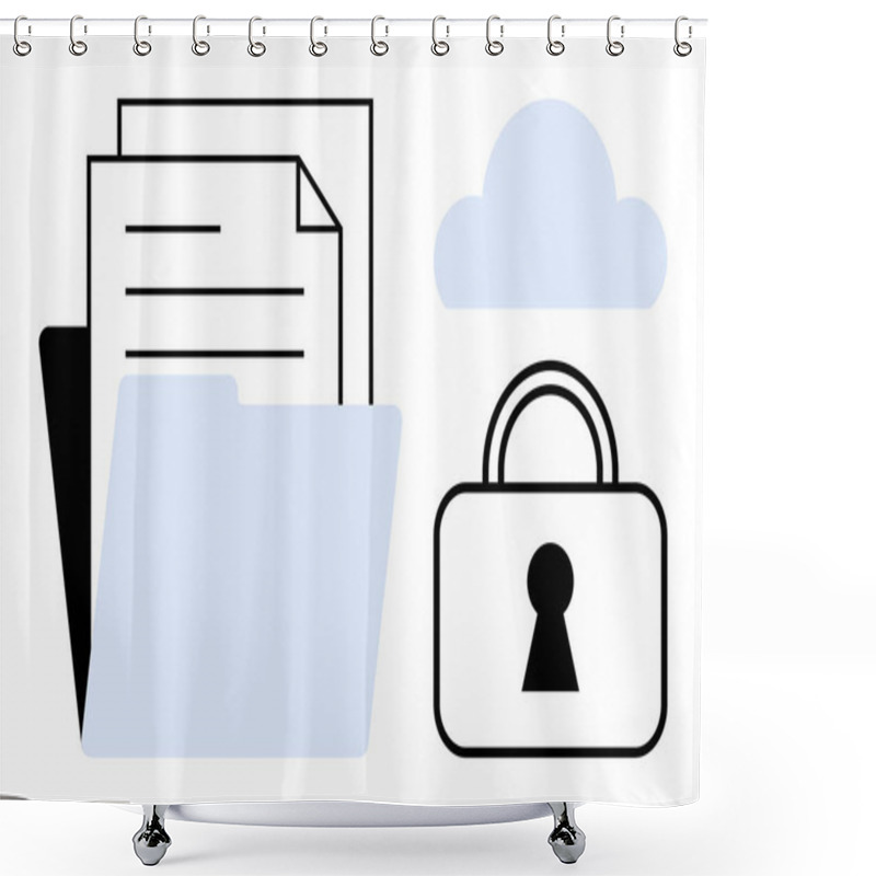 Personality  Documents And Folder Icon Next To A Cloud And Padlock Image. Ideal For Data Security, Cloud Storage, Digital Privacy, Information Management, File Organization, Cybersecurity, And Secure Access. Line Shower Curtains