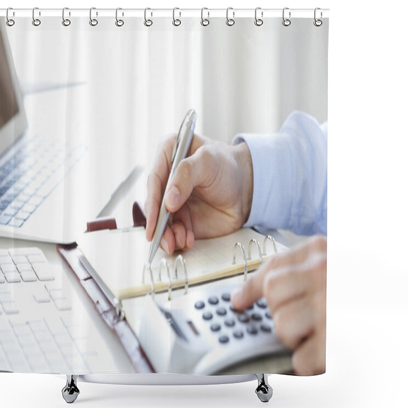 Personality  Financial Businessman Calculating Tax Expenses  Shower Curtains