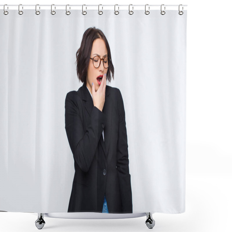 Personality  Young Businesswoman Yawning Lazily Early In The Morning, Waking And Looking Sleepy, Tired And Bored Against White Wall Shower Curtains