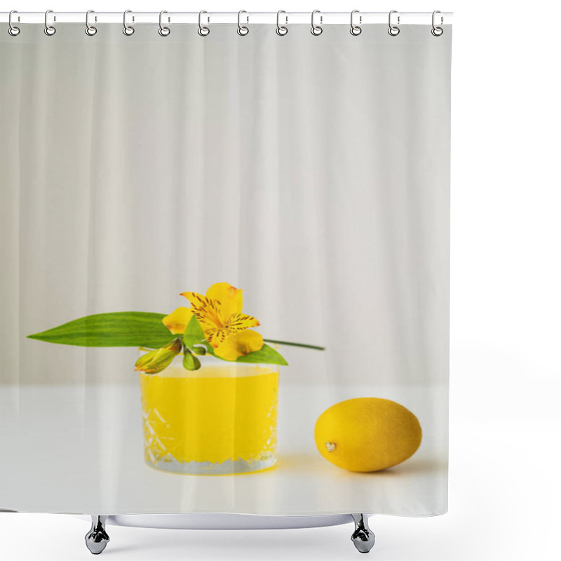 Personality  Yellow Peruvian Lily And Whole Lemon Near Glass Of Citrus Tonic On White Surface Isolated On Grey Shower Curtains