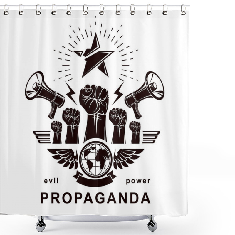 Personality  Marketing Banner Composed With Loudspeakers, Raised Clenched Fists And Earth Planet, Vector Illustration, Propaganda As The Means Of Influence On Global Public Opinion Shower Curtains