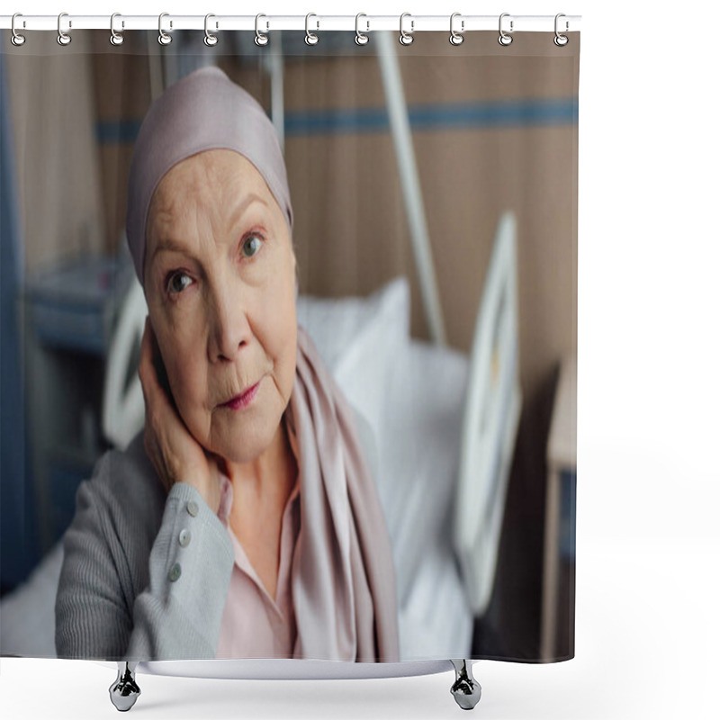 Personality  Upset Senior Woman With Cancer Sitting On Bed In Hospital And Looking At Camera Shower Curtains