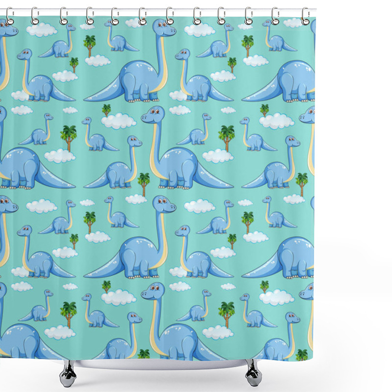 Personality  Seamless Pattern With Brachiosaurus Dinosaurs And Tree On Blue Background Illustration Shower Curtains