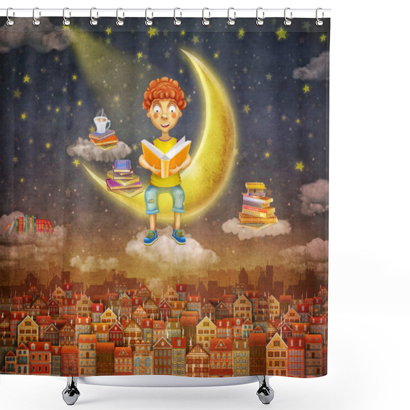 Personality  Illustration Of  Little  Young Ginger Boy   Reading A Book   On Moon   ,background Of  Cute Houses In Night Sky .Concept Art Shower Curtains