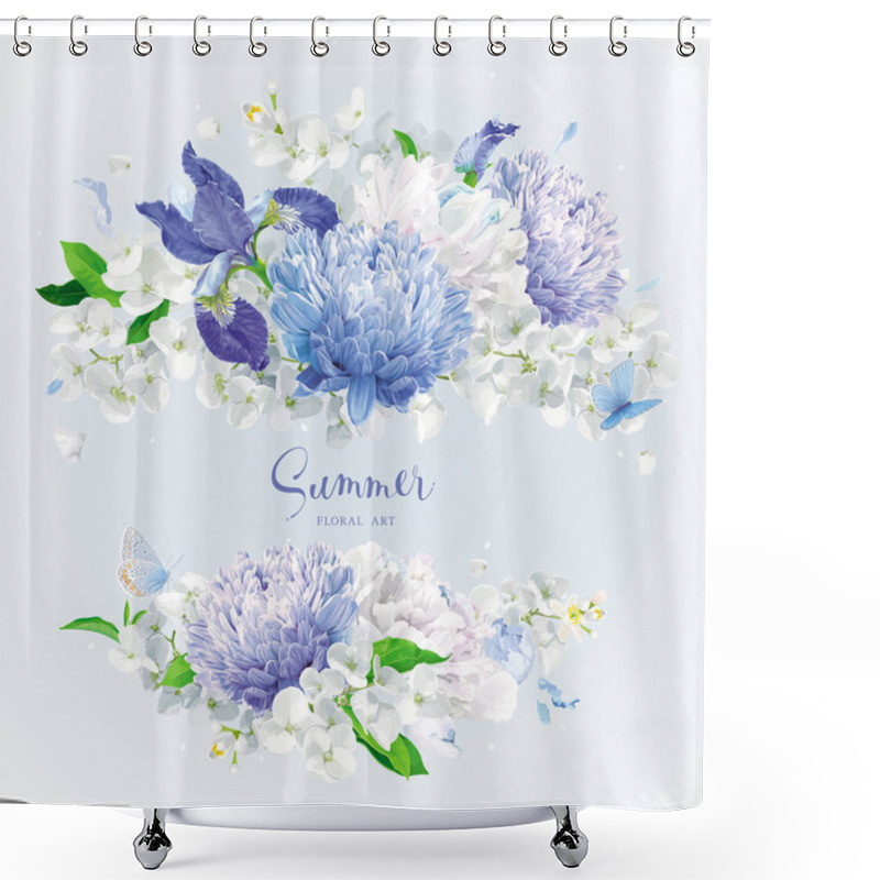 Personality  White And Blue Summer Flowers Bouquet  Shower Curtains